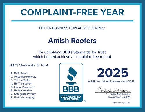 Amish Roofers is Proud to have a Complaint-Free Year in 2025 with the BBB